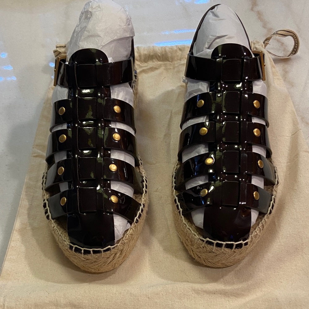 Tory Burch Black Patent Espadrille Sandals - Picture 2 of 10